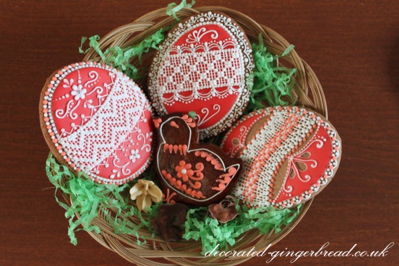 Red easter eggs in basket...